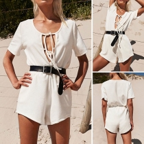 Sexy Deep V-neck Short Sleeve T-shirt + High Waist Shorts Two-piece Set