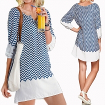 Fashion 3/4 Sleeve V-neck Wavy Striped Dress