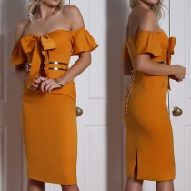 Sexy Off-shoulder Lotus Sleeve Bowknot Slim Fit Party Dress