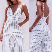 Sexy Backless Deep V-neck High Waist Striped Sling Jumpsuit