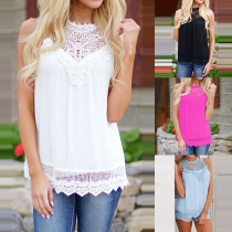 Fashion Solid Color Sleeveless Round Neck Lace Spliced Chiffon Top