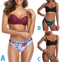 Sexy Braided Halter Bikini Top + Low-waist Printed Bikini Bottom Two-piece Set