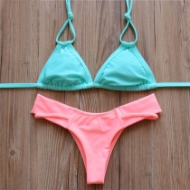 Fresh Style Contrast Color Lace-up Halter Bikini Set