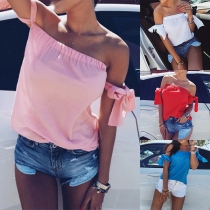 Sexy Off-shoulder Lace-up Short Sleeve Solid Color Top