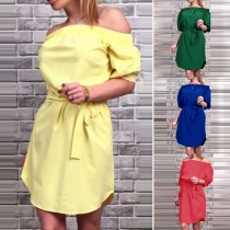 Elegant Solid Color Off-shoulder Boat Neck Short Sleeve Dress with Waist Strap