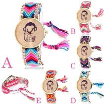 Bohemian Style Colorful Braided Watchband Monkey Round Dial Quartz Watch