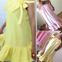 Sweet Style Bowknot Boat Neck Ruffle Hem Solid Color Dress