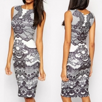 Elegant Style Sleeveless Round Neck Slim Fit Printed Pencil Dress