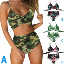 Sexy Hollow Out Camouflage Printed Bandeau Bikini Set