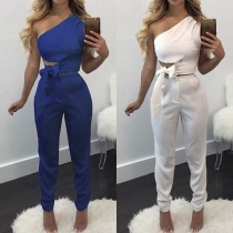 Sexy One-shoulder Lace-up Hem Crop Top + High Waist Pants Two-piece Set