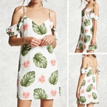 Sexy Backless V-neck Off-shoulder Printed Sling Dress