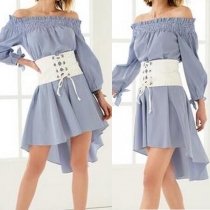 Sexy Off-shoulder Boat Neck Long Sleeve High-low Hem Striped Dress