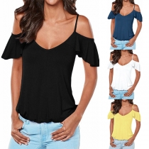 Sexy Backless Off-shoulder Lotus Sleeve Solid Color T-shirt