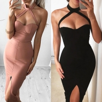 Sexy Backless Slit Hem Hollow Out Solid Color Slim Fit Halter Dress