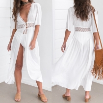 Fashion Half Sleeve V-neck Lace Spliced Solid Color Chiffon Cardigan