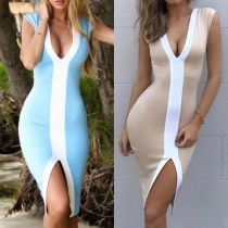 Sexy Deep V-neck Slit Hem Sleeveless Contrast Color Tight Dress