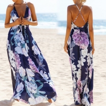 Sexy Backless Deep V-neck Printed Beach Dress