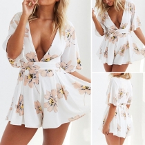 Sexy Deep V-neck Short Sleeve High Waist Printed Romper