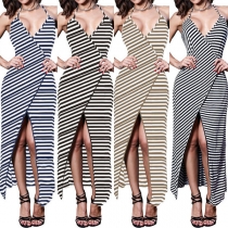 Sexy Backless V-neck Slit Hem Striped Sling Dress