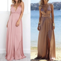 Sexy Backless Deep V-neck Slit Hem Solid Color Party Dress