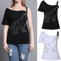 Sexy One-shoulder Wolf Printed T-shirt