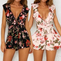 Sexy Backless Deep V-neck Printed Romper