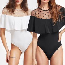 Sexy See-through Gauze Spliced Solid Color Bodysuit