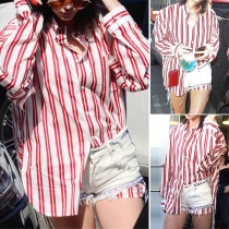 Chic Style Slit Long Sleeve POLO Collar Striped Shirt