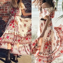 Bohemian Style Off-shoulder Boat Neck Hollow Out High Waist Printed Dress