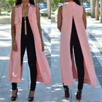 Chic Style Sleeveless Stand Collar Slit Hem Solid Color Cardigan