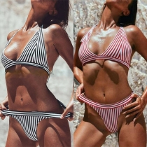 Sexy Backless Striped Halter Bikini Set