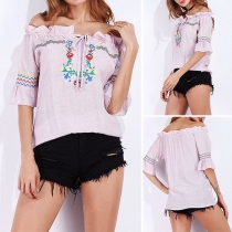 Sexy Off-shoulder Boat Neck Half Sleeve Embroidered Top