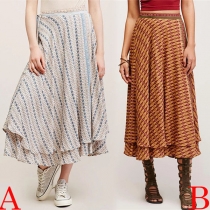 Bohemian Style High Waist Slit Hem Double-layer Printed Skirt