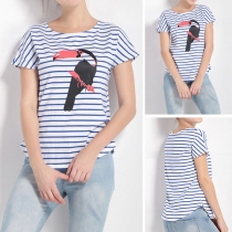 Fashion Woodpecker Printed Short Sleeve Round Neck Striped T-shirt