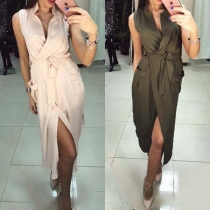 Fashion Solid Color Sleeveless Notched Lapel Dress