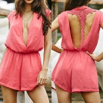 Sexy Lace Spliced Backless Deep V-neck Sleeveless Solid Color Romper