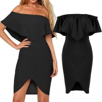 Sexy Ruffle Boat Neck Irregular Hem Slim Fit Solid Color Party Dress