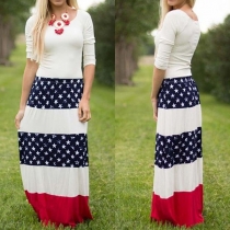 Fashion High Waist Contrast Color Printed Maxi Skirt