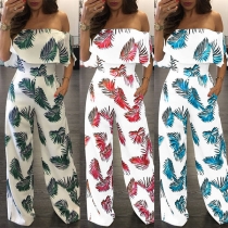 Sexy Off-shoulder Boat Neck Ruffle High Waist Printed Jumpsuit