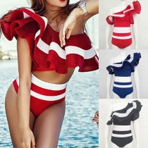 Sexy One-shoulder Ruffle Top + High Waist Briefs Swimsuit Set