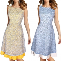 Elegant Style Sleeveless Round Neck High Waist Lace Spliced Printed Dress