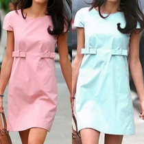 OL Style Short Sleeve Round Neck Solid Color Dress
