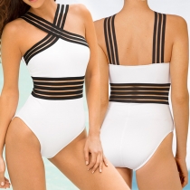 Sexy Backless Contrast Color High Waist One-piece Swimsuit