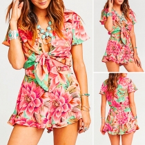 Sexy V-neck Lace-up High Waist Short Sleeve Printed Romper