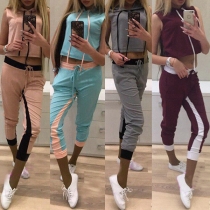 Fashion Contrast Color Sleeveless Hooded Top + Pants Sports Suit
