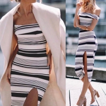 Sexy Off-shoulder Boat Neck Slit Hem Slim Fit Striped Dress