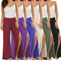 Fashion Solid Color High Waist Slit Hem Wide-leg Pants