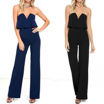 Sexy Strapless V-neck High Waist Solid Color Jumpsuit