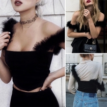 Sexy Backless Faux Fur Spliced Solid Color Crop Top