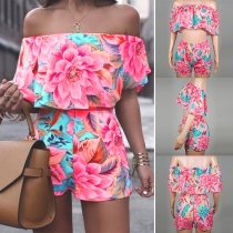 Sexy Off-shoulder Bandeau Top + High Waist Shorts Printed Two-piece Set